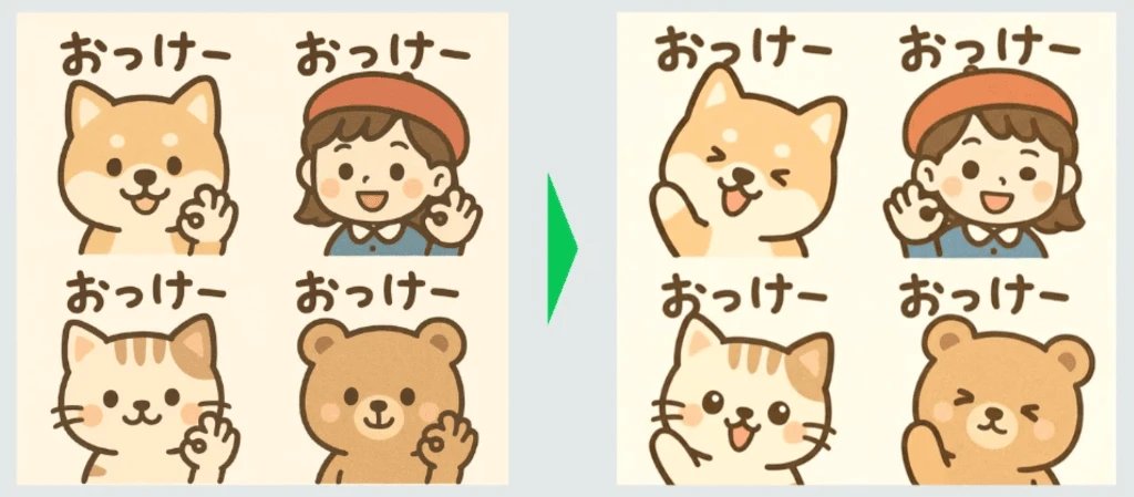AI動画生成によるポーズ・表情の抽出例