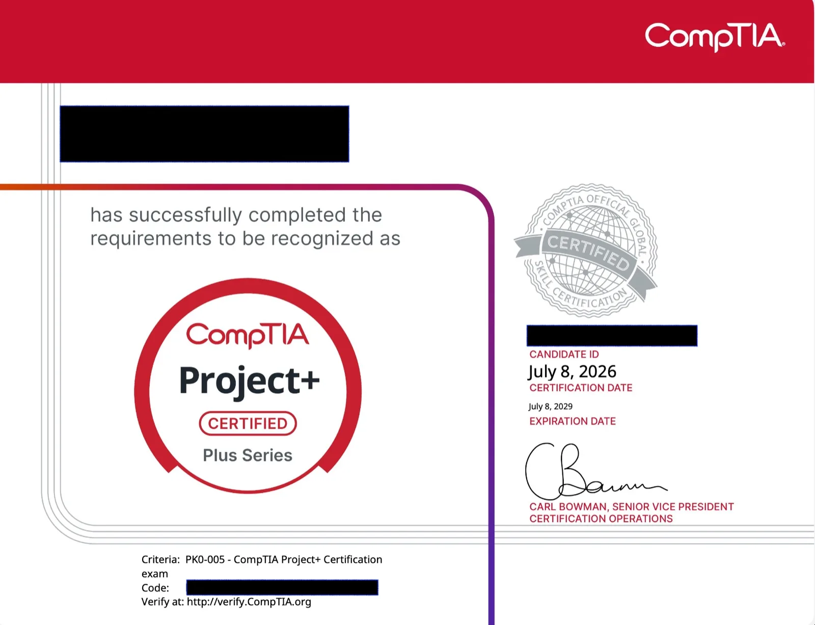CompTIA Project+ 合格証明書